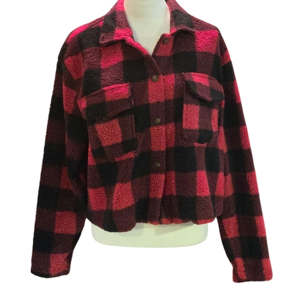 Love, Fire Cropped Fleece Jacket Black Red Buffalo Plaid Button Up Women size 1X